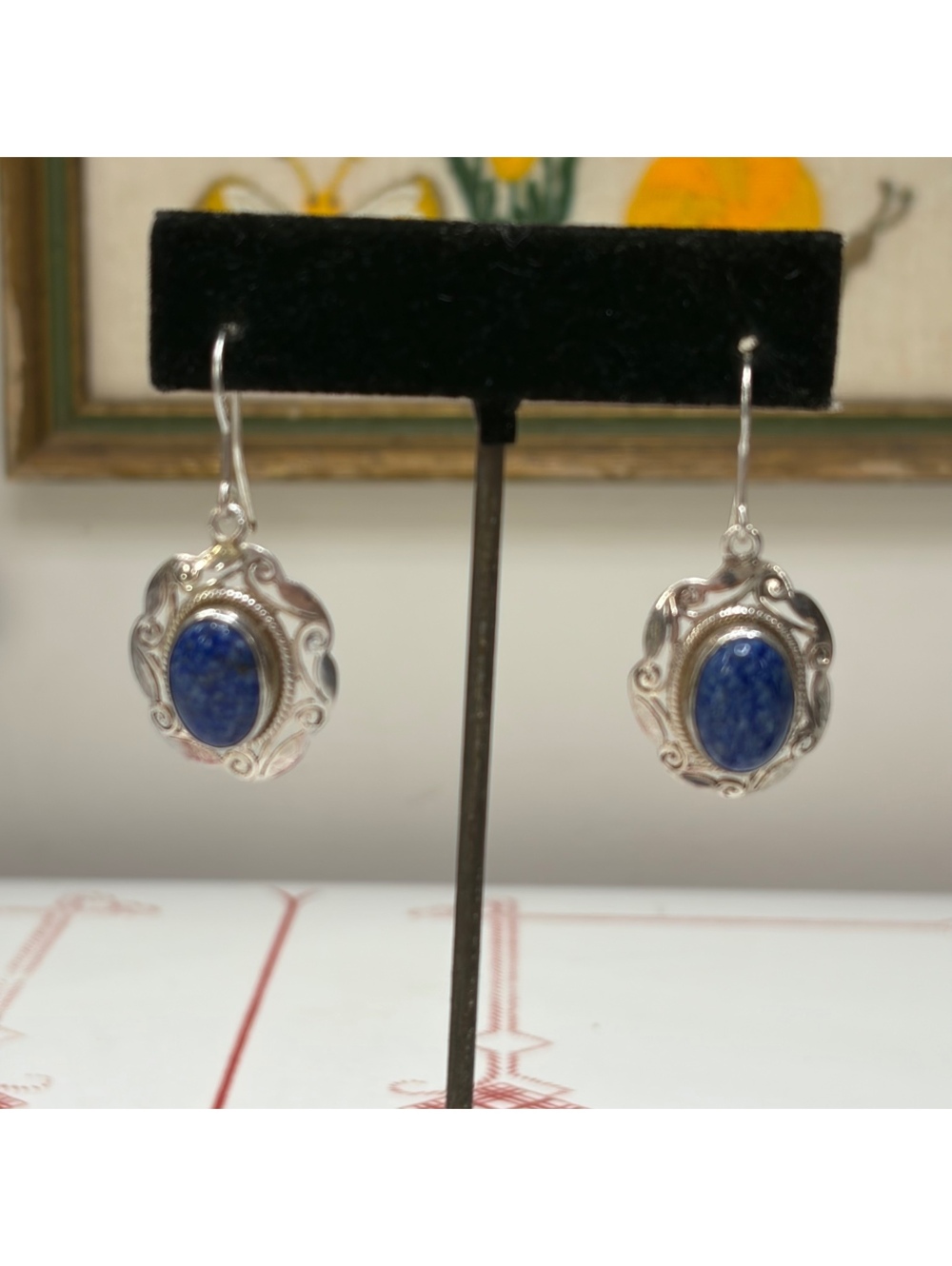 Sterling silver lapis lazuli southwestern style dangle earrings vintage